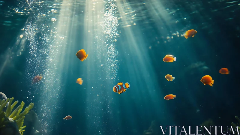 Sunlit clownfish drift gently through a peaceful blue sea