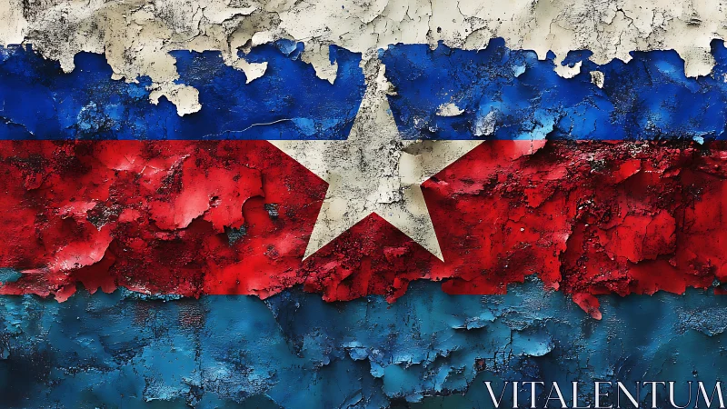 Peeling textured flag with central white star and bold stripes.