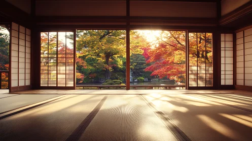 Sunlit tatami floor listens quietly to the autumn garden