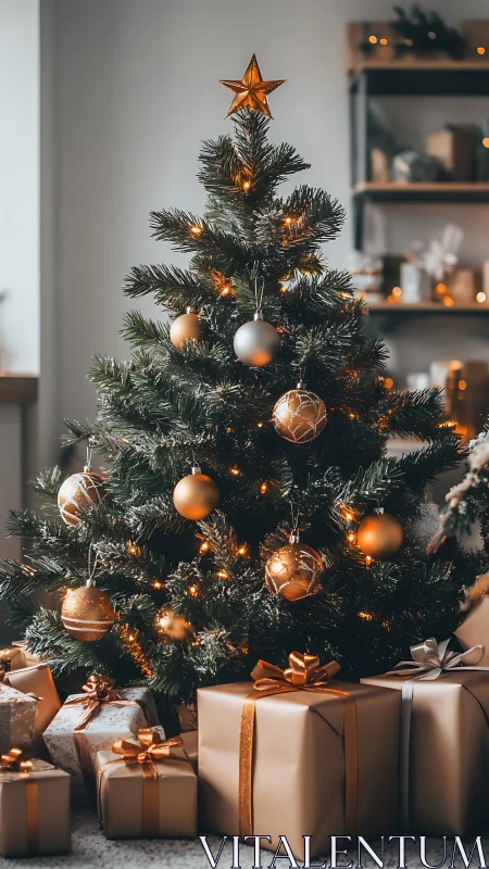 Golden-lit Christmas tree with wrapped gifts beneath it.