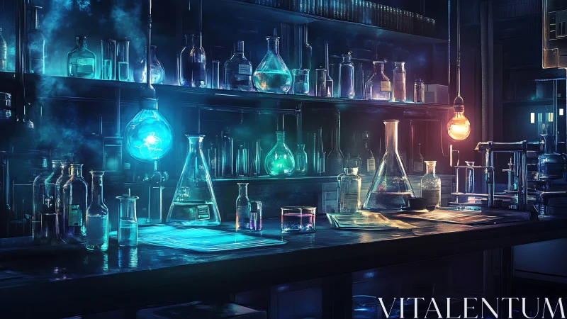 Luminous neo-noir laboratory bench glows with reactive glassware