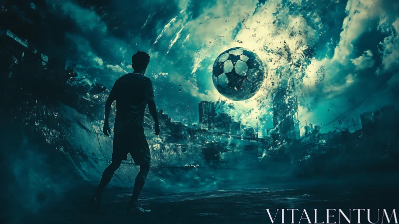 Surreal urban soccer scene with exploding cosmic ball.