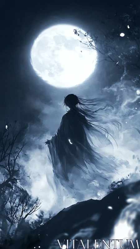 Lunar backlit silhouette in turbulent nocturnal mist field.