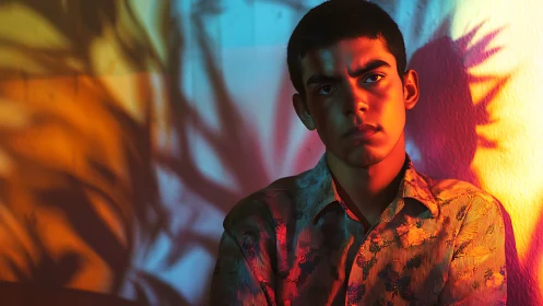 Moody studio portrait under multicolored hard edge gel lighting.