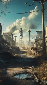 Rust-silent boulevard beneath defiant apocalypse clouds.