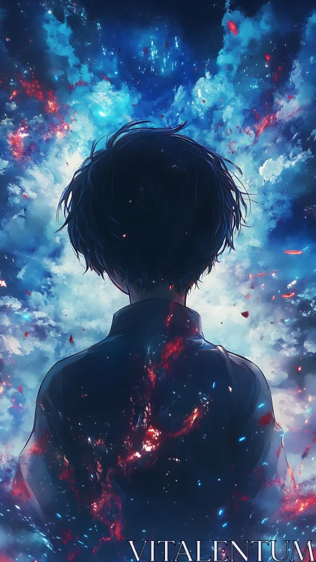 Silhouetted figure before cosmic cloud and light field.