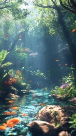 Volumetric-lit jungle stream with koi-like fish in motion.