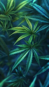 Digital rendering shows layered cannabis leaves in cool light