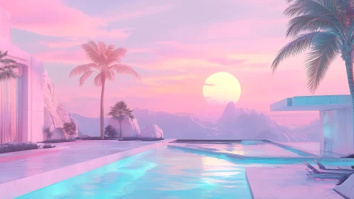 Pastel oasis poolside under a bubblegum cotton-candy sun.