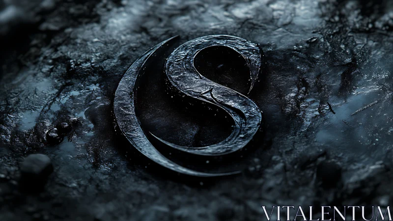Metallic stylized S emblem lies on textured wet surface
