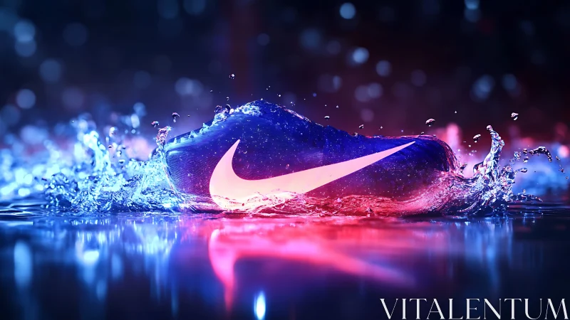 Sleek neon sneaker splashing through glowing city puddles.