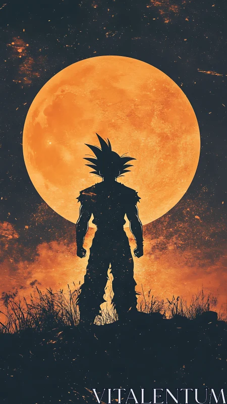Silhouetted warrior confronting colossal orange moonscape.