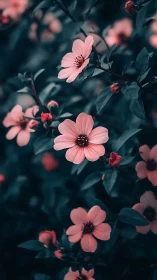 Pink flowers bloom among teal foliage in botanical composition