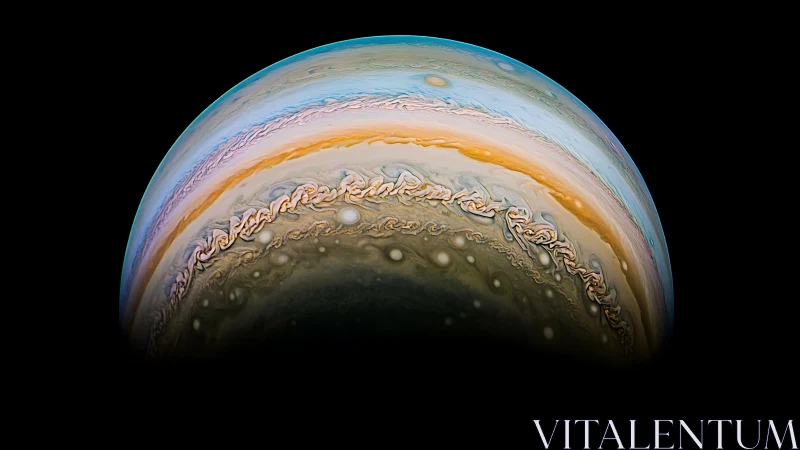 Curved Jupiter horizon with detailed cloud bands and storms.