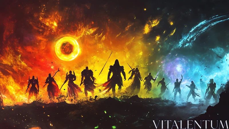 Elemental warriors aligned beneath fractured cosmic sky.