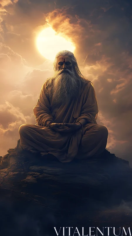 Seated elder figure meditates on rocky peak under backlit sun