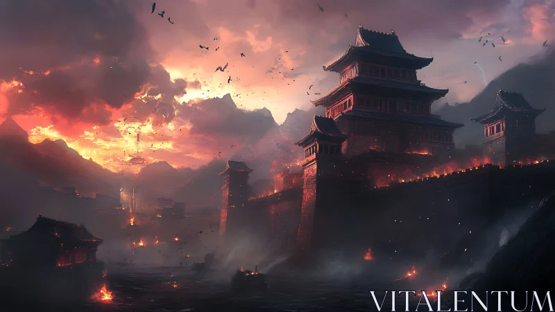 Burning fortress complex stands under red storm sky