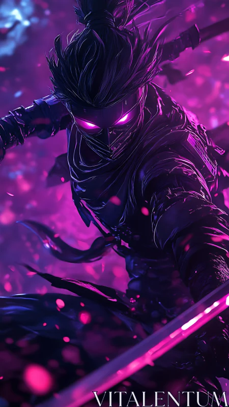 Neon-shadowed cyber ninja ignites a storm of violet embers.