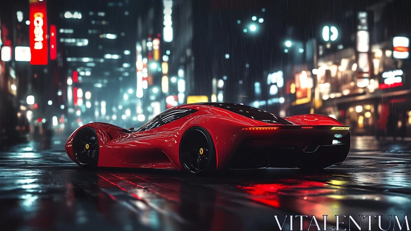 Midnight red supercar glows against a neon drenched city street