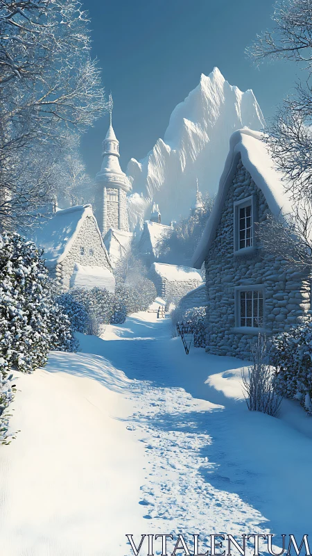 Snowbound cobblestone lane whispers toward a watchful tower