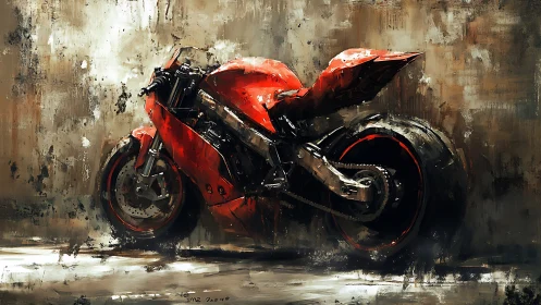 Angular red sport motorcycle rendered with gritty textured brushwork