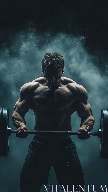 Muscular athlete lifts heavy barbell in dramatic low key light