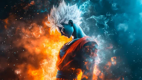 Anime warrior in dual-toned energy field, high-impact lighting.