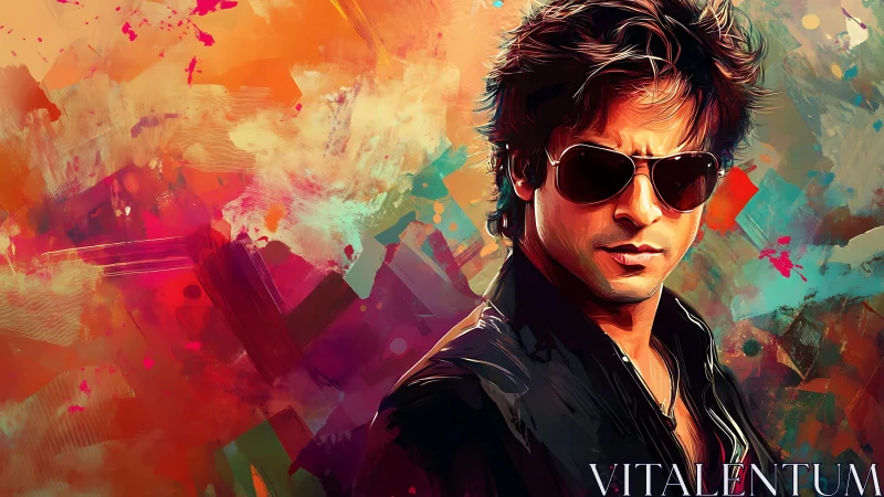 Chromatic male portrait amid dynamic abstract vector field.