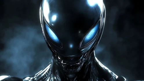 Chrome-eyed alien sentinel in glacial starlit darkness.