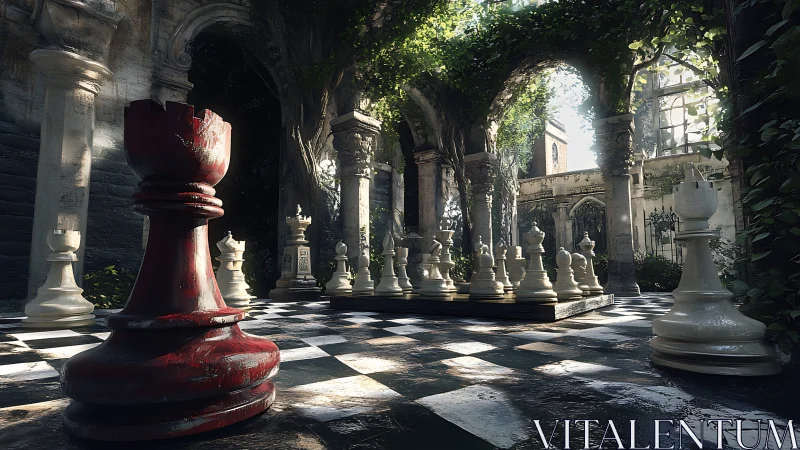 Weathered red chess rook dominates sunlit ruined cloister.