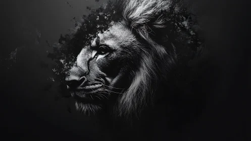 Midnight lion spirit emerges from shadows in grayscale storm.
