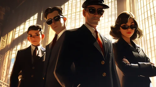 Four suited figures stand in backlit interior wearing sunglasses