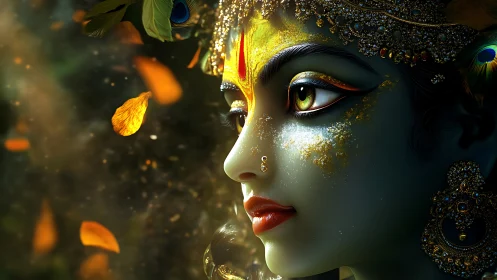 Divine profile portrait with jeweled headdress and golden bokeh.