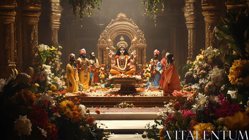 Golden temple bloom around radiant Hindu deity altar.