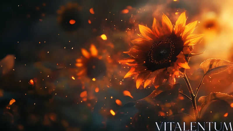 Fiery sunflower glows amid drifting embers at dusk.