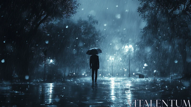 Solitary figure under umbrella in nocturnal urban downpour.