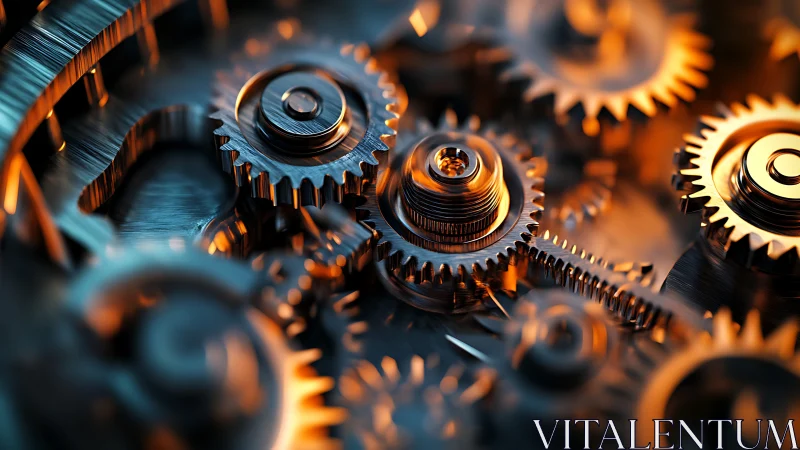 Macro close-up of interlocking metal gears with warm highlights.