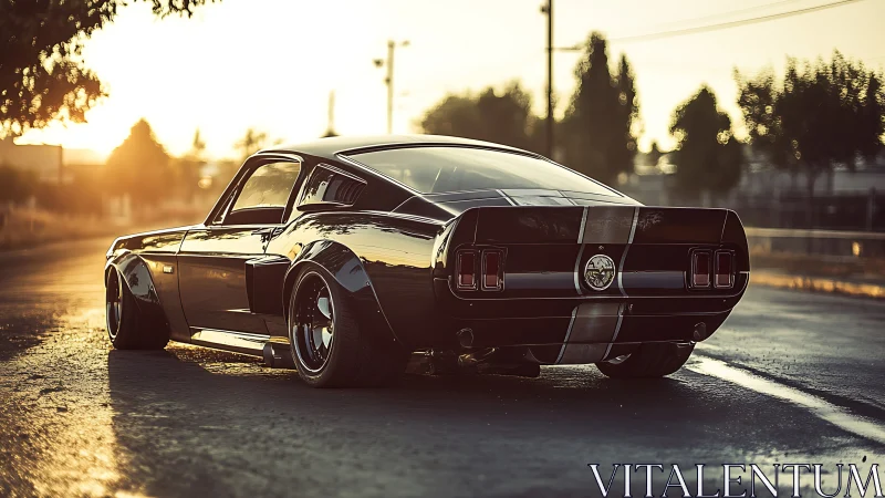 Restomod fastback muscle car at sunset on wet urban street