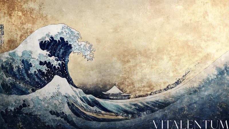 Storm-tossed wave bows toward a distant temple of calm