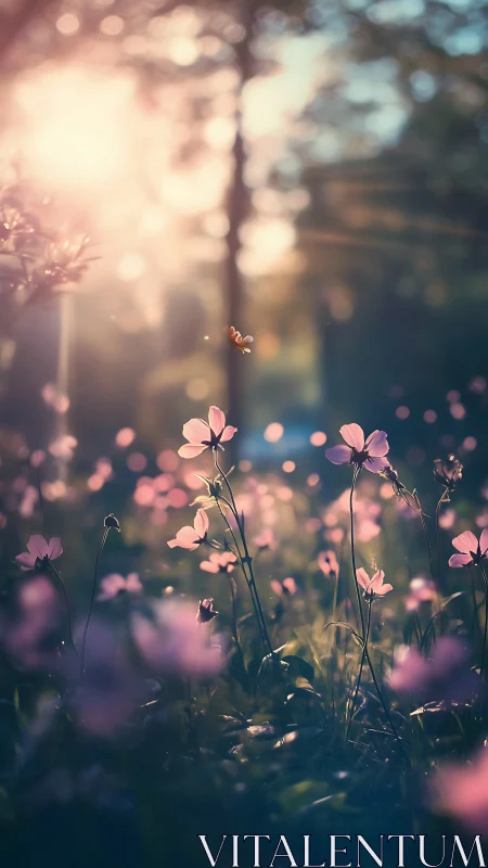 Pink flowers in soft focus field with bokeh lighting.