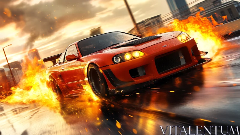 Flame-kissed street racer carving sparks through the storm.
