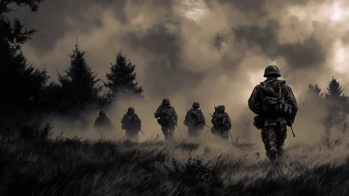 Soldiers advance through misty forest field under storm clouds