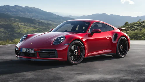 Striking red sports car rests ready for adventure in the hills