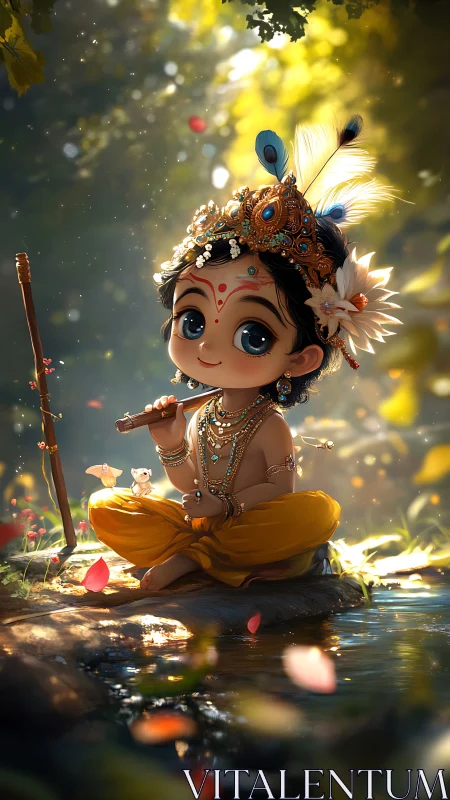 Gentle flute-playing child in golden forest daydreams.