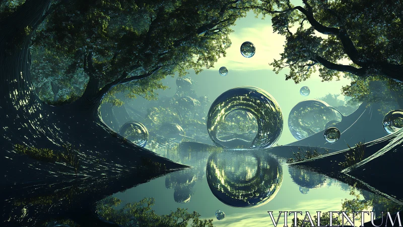 Floating reflective spheres transform forest river into portal