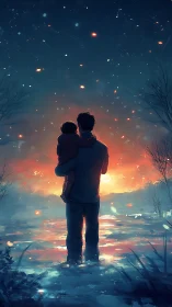 Male Figure Silhouette Holding Child Against Luminous Warm Sky Digital Rendering