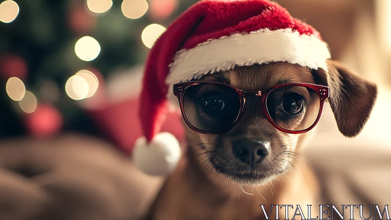 Photorealistic Christmas puppy portrait with festive bokeh styling.