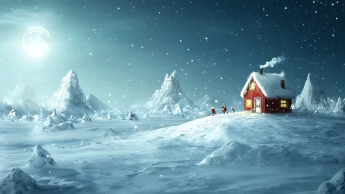 Moonlit elves race toward a lone ember-bright Arctic cottage