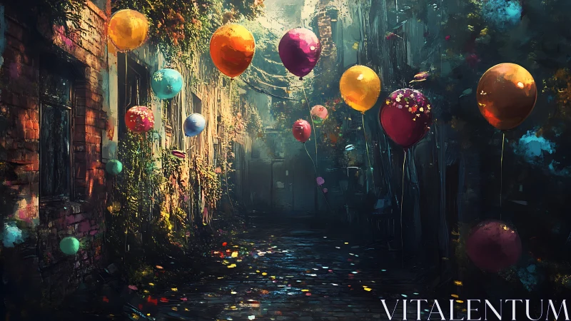 Colorful balloons drift through overgrown cobblestone alley