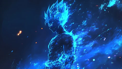 Energetic blue aura warrior silhouette in dynamic side profile